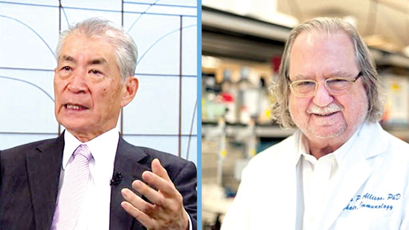 Hai nhà khoa học Tasuku Honjo (trái) và James P. Allison đoạt giải Nobel Y học năm 2018