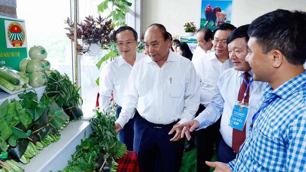 Thủ tướng Nguyễn Xuân Phúc và các đại biểu tham quan khu vực trưng bày sản phẩm đặc trưng của vùng đồng bằng Bắc bộ. Ảnh: TTXVN
