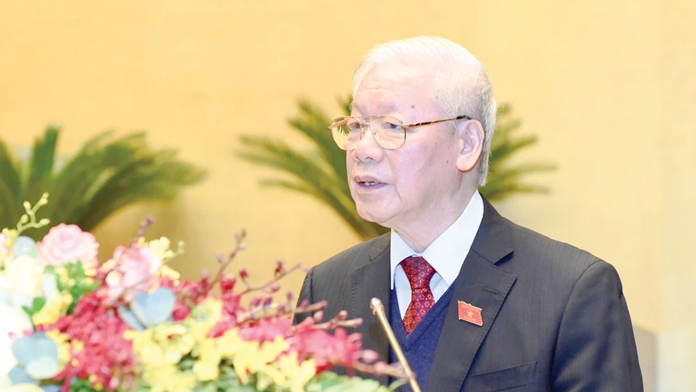 Tổng Bí thư, Chủ tịch nước Nguyễn Phú Trọng trình bày Báo cáo tổng kết công tác nhiệm kỳ 2016-2021 của Chủ tịch nước. Ảnh: QUANG PHÚC