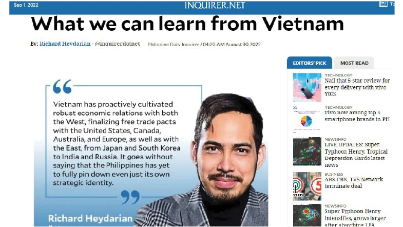 Bài viết có tựa đề “Chúng ta có thể học hỏi gì từ Việt Nam” của chuyên gia Richard Heydarian trên tờ Inquirer