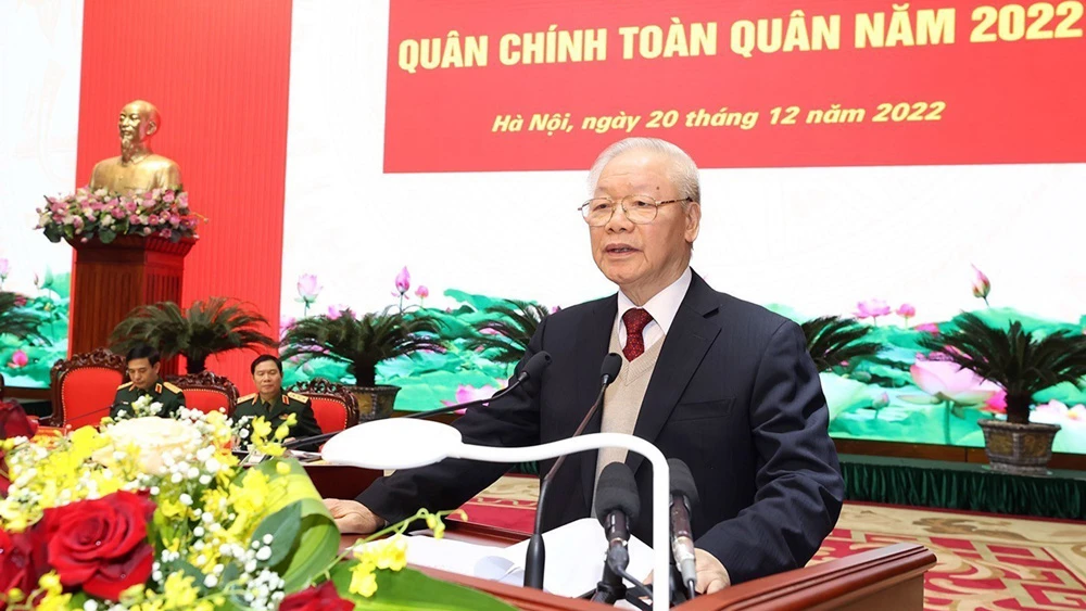 Tổng Bí thư Nguyễn Phú Trọng, Bí thư Quân ủy Trung ương phát biểu chỉ đạo tại hội nghị. Ảnh: TTXVN