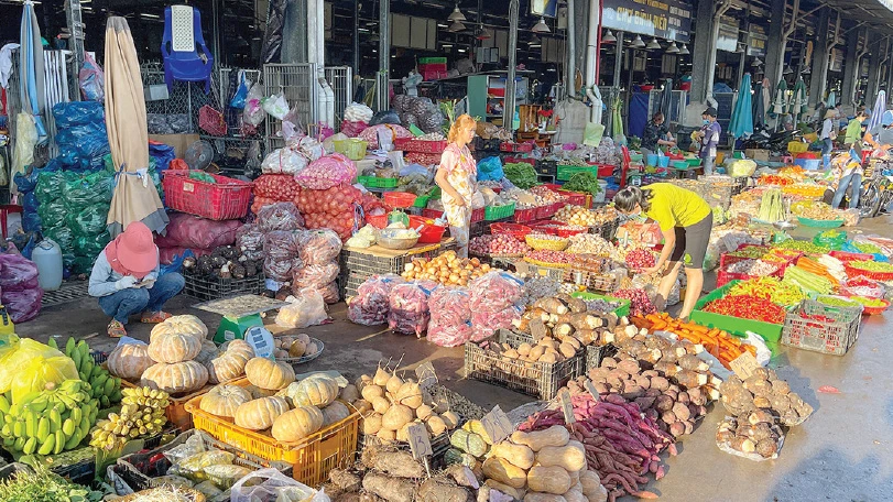 Khu buôn bán rau củ quả tại chợ đầu nối Bình Điền, TPHCM. Ảnh: HOÀNG HÙNG