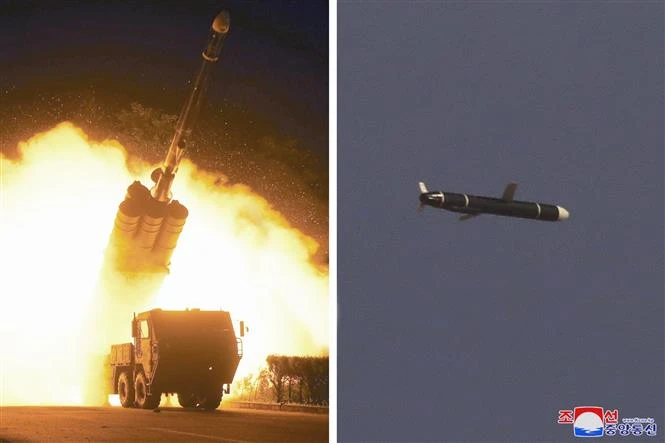 Hình ảnh do Hãng thông tấn KCNA đăng phát ngày 13-9-2021 cho thấy một tên lửa đạn đạo tầm xa thế hệ mới rời bệ phóng (ảnh trái) và bay trên bầu trời (ảnh phải). Ảnh tư liệu: YONHAP