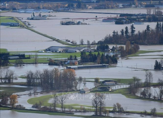 Cảnh ngập lụt sau những trận mưa lớn tại Abbotsford British Columbia, Canada, ngày 17-11-2021. Ảnh: TTXVN