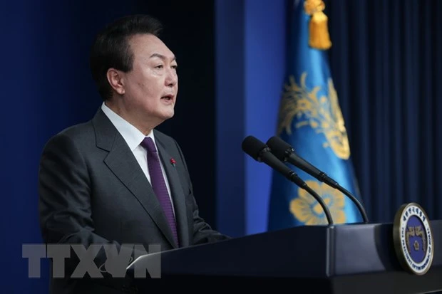 Tổng thống Hàn Quốc Yoon Suk-yeol trong bài phát biểu chúc mừng Năm mới, tại Seoul ngày 1-1-2023. Ảnh: Yonhap/TTXVN