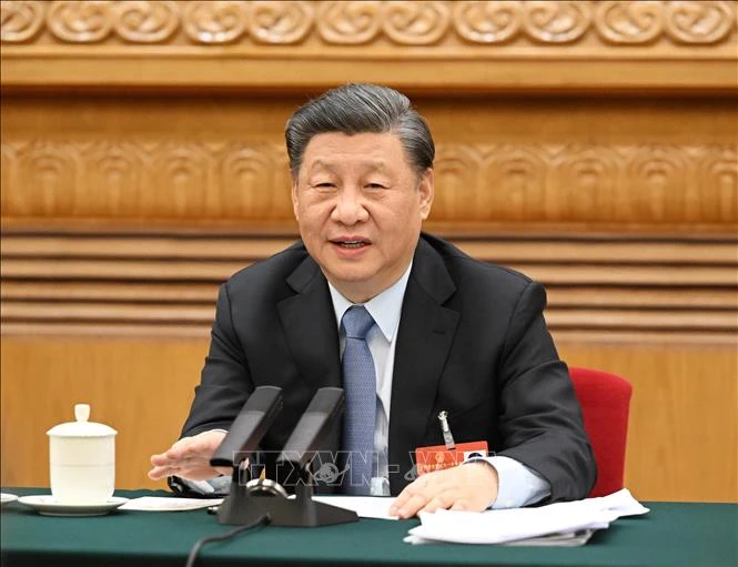 Tổng Bí thư, Chủ tịch Trung Quốc kiêm Chủ tịch Quân ủy Trung ương Tập Cận Bình dự phiên thảo luận tại kỳ họp thứ nhất Đại hội Đại biểu Nhân dân toàn quốc khóa XIV ở Bắc Kinh, ngày 5-3-2023. Ảnh: THX/TTXVN