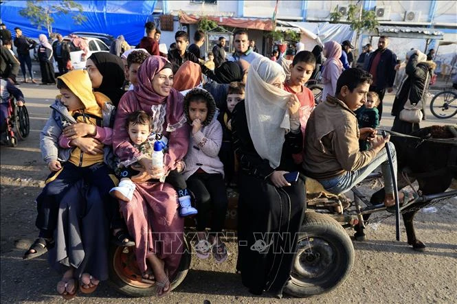  Người dân Palestine trở về nhà ở Khan Yunis, Dải Gaza khi lệnh ngừng bắn có hiệu lực, ngày 24-11-2023. Ảnh: AFP/TTXVN