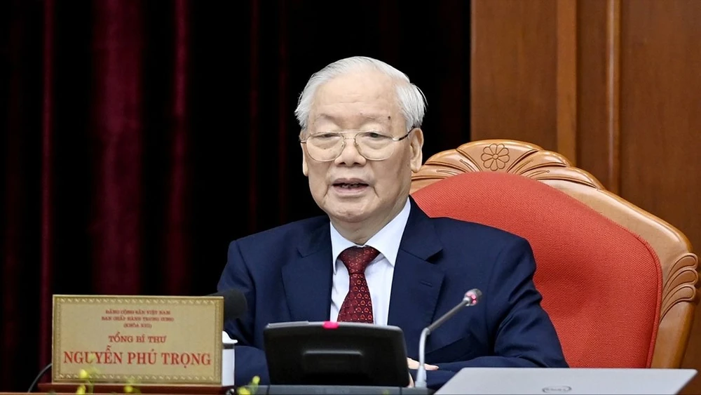 Tổng Bí thư Nguyễn Phú Trọng phát biểu bế mạc hội nghị. Ảnh: VIẾT CHUNG