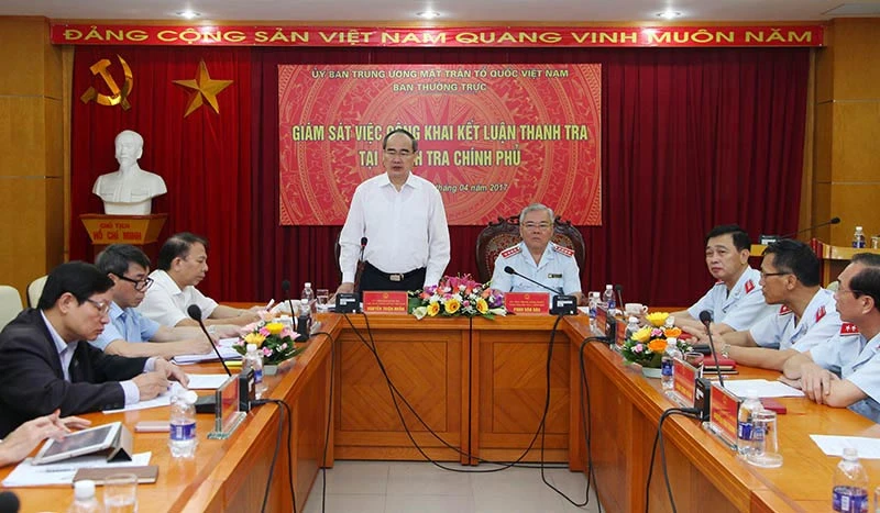 Chủ tịch Ủy ban Trung ương MTTQ Việt Nam Nguyễn Thiện Nhân phát biểu tại buổi làm việc. Ảnh: VGP