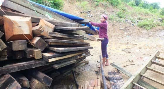 Chị Giàng Thị Dúa (tỉnh Điện Biên) thu gom những vật dụng còn lại sau khi ngôi nhà của chị bị mưa lũ làm đổ sập
