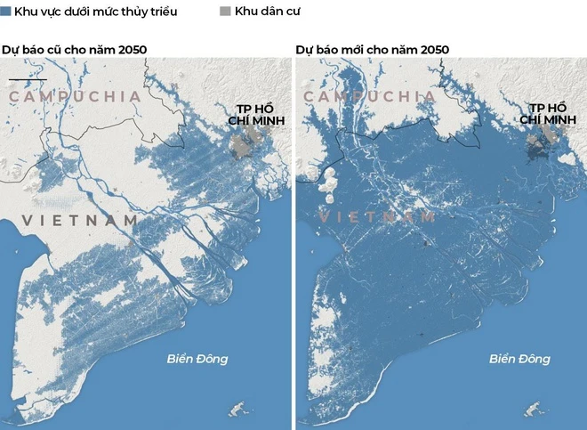 Bản so sánh kết quả nghiên cứu cũ và nghiên cứu mới công bố về ảnh hưởng của nước biển dâng đối với miền Nam Việt Nam.