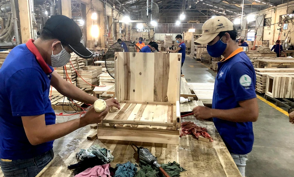 Công nhân đang chế biến gỗ tại Công ty cổ phần gỗ Thuận An