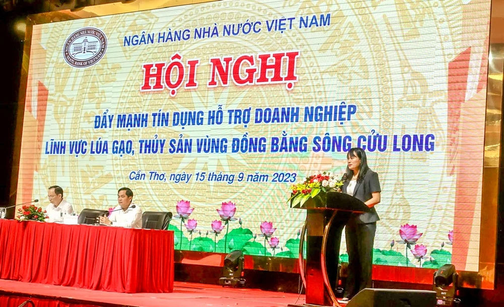 Bà Phùng Thị Bình, Phó Tổng giám đốc Agribank phát biểu tại hội nghị.