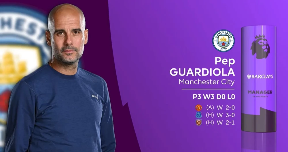 Pep Guardiola vươn lên thứ 3 trong danh sách các HLV xuất sắc nhất tháng của Premier League