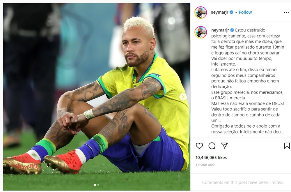 Bài đăng của Neymar đã có hơn 10 triệu like chỉ sau vài giờ