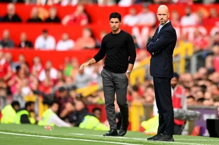 HLV Erik ten Hag của Man United (phải) và Mikel Arteta của Arsenal