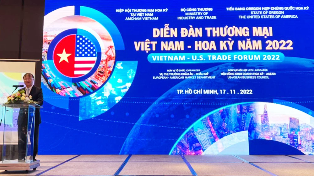 Ông Đỗ Thắng Hải, Thứ trưởng Bộ Công thương phát biểu khai mạc diễn đàn Thương mại Việt Nam - Hoa Kỳ năm 20222