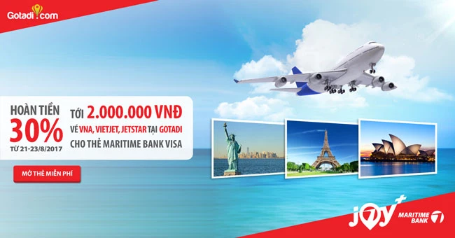 Hoàn tiền 2 triệu cho chủ thẻ Maritime Bank Visa đặt vé máy bay Gotadi