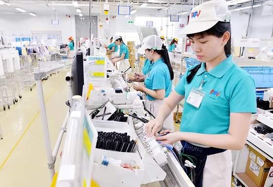 Dây chuyền sản xuất của Công ty FAPV (Nhật Bản) tại KCX Tân Thuận. Đây là một trong những công ty lớn nhất của KCX Tân Thuận với thời gian hoạt động đã 20 năm và quy mô gần 7.000 công nhân. Ảnh: VIỆT DŨNG