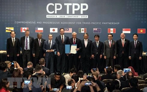 Bộ trưởng Công thương Trần Tuấn Anh (phải) cùng đại diện các nước tham gia lễ ký Hiệp định CP-TPP ở Santiago ngày 8/3. (Ảnh: THX/TTXVN).