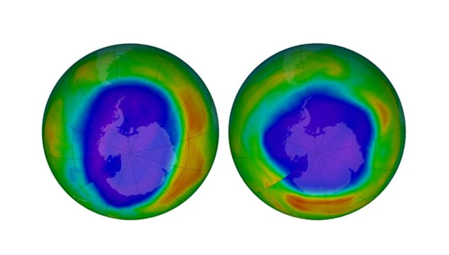 Dữ liệu vệ tinh cho thấy lỗ hổng ozone tại cực Nam vào tháng 9-2000 (trái) và tháng 9-2018.