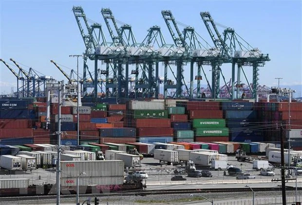 Hàng hóa của Trung Quốc chờ bốc dỡ tại cảng Long Beach ở Los Angeles, California, Mỹ ngày 16/2. (Nguồn: AFP/TTXVN)