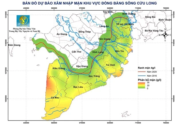 Bản đồ dự báo xâm nhập mặn khu vực Đồng bằng sông Cửu Long. (Nguồn: Trung tâm DBKTTVQG)
