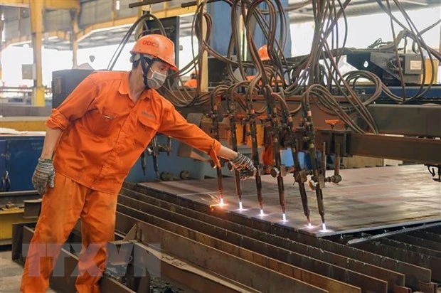 Công nhân lao động tại nhà xưởng Công ty cổ phần Cơ khí xây dựng thương mại Đại Dũng tại khu Công nghiệp An Hạ, huyện Bình Chánh. (Ảnh: Thanh Vũ/TTXVN)