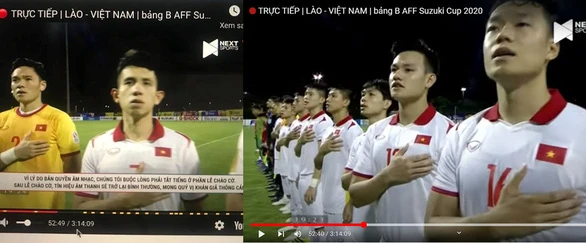 Tiếng bài Quốc ca Việt Nam bị tắt trên kênh YouTube phát sóng trận đấu Việt Nam - Lào tại AFF Suzuki Cup 2020 tối 6-12 (trái) và bản phát lại chiều 7-12 mới có âm thanh ở lễ chào cờ - Ảnh chụp màn hình