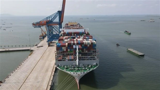 Siêu tàu container M/V OOCL SPAIN tại cảng Gemalink (cụm cảng Cái Mép-Thị Vải, thị xã Phú Mỹ, tỉnh Bà Rịa-Vũng Tàu). (Ảnh: Huỳnh Sơn/TTXVN)