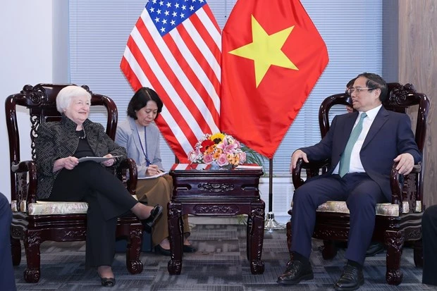 Thủ tướng Phạm Minh Chính tiếp Bộ trưởng Tài chính Hoa Kỳ Janet Yellen. (Ảnh: Dương Giang/TTXVN)