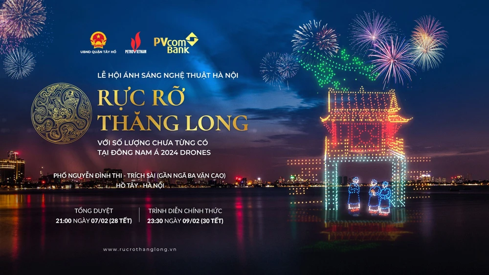 Lễ hội ánh sáng nghệ thuật Hà Nội - Rực rỡ Thăng Long được trình diễn bằng 2.024 máy bay không người lái (drone) trong đêm giao thừa