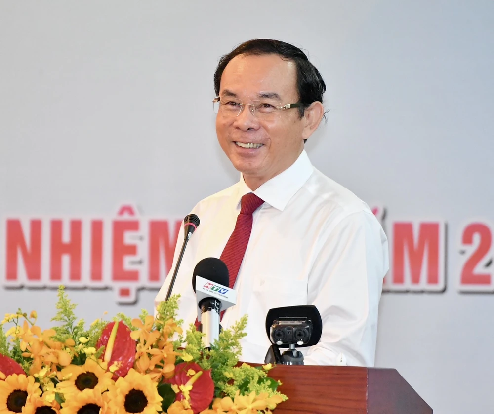 Bí thư Thành ủy TPHCM Nguyễn Văn Nên phát biểu chỉ đạo tại hội nghị tổng kết công tác tuyên giáo TPHCM. Ảnh: VIỆT DŨNG