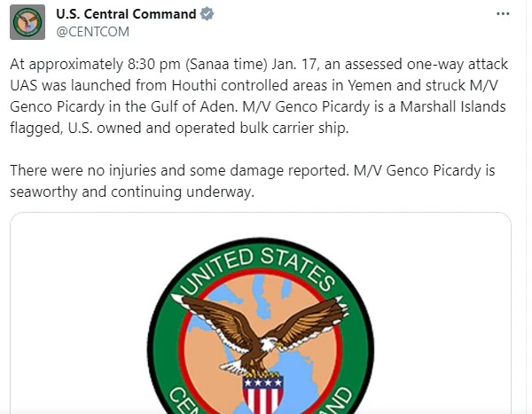 Thông báo của Bộ Chỉ huy trung tâm Mỹ trên mạng xã hội X về vụ tấn công của Houthi