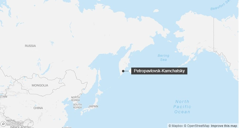 Khu vực xảy ra động đất tại bán đảo Kamchatka. Ảnh: MAPBOX