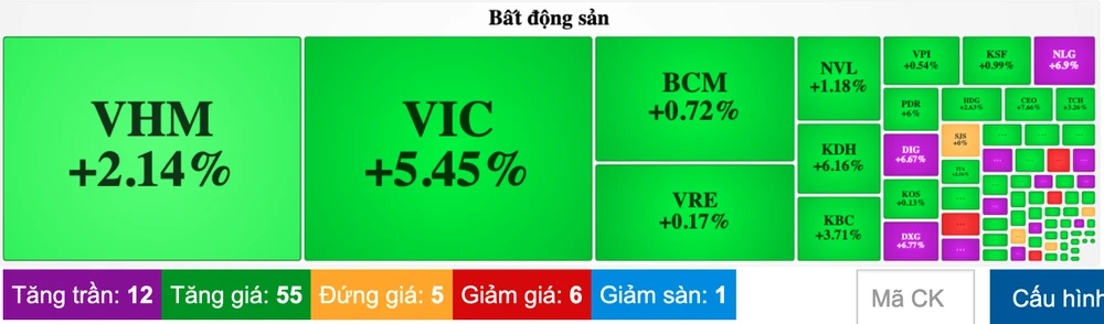 Nhóm cổ phiếu bất động sản được bao trùm bởi sắc xanh và tím 