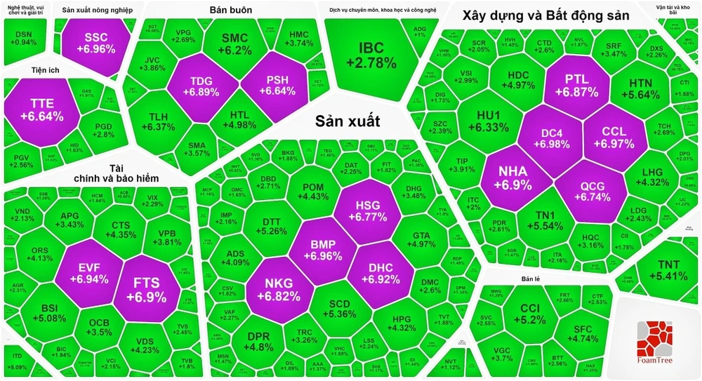 Thị trường ngập sắc xanh và tím trong phiên, VN-Index lập đỉnh mới 