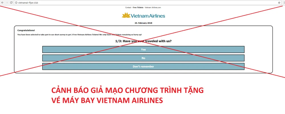 Trang web có hành vi giả mạo tặng vé máy bay Vietnam Airlines