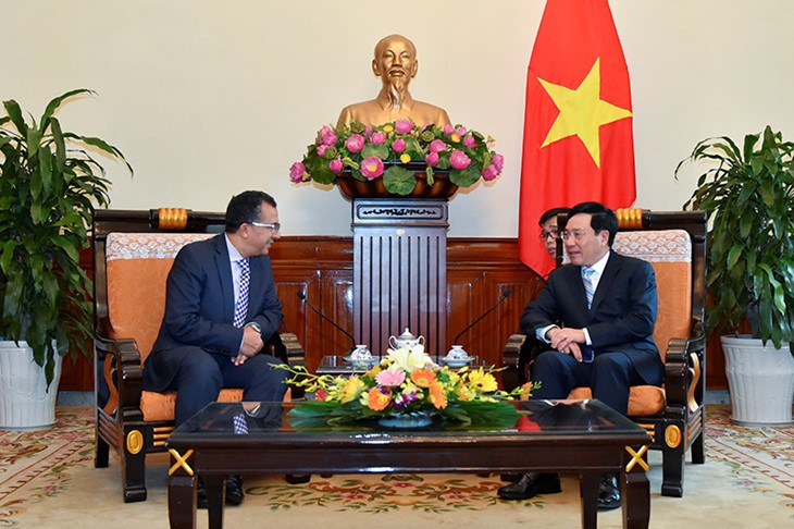 政府副總理、外交部長范平明接見摩洛哥駐越南特命全權大使法爾漢。（圖片來源：VGP）