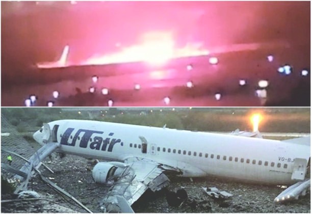 客機降落後引擎起火（上圖）；事後可見機身嚴重損毀（下圖）。