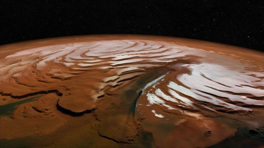 火星北極冰蓋立體圖像，垂直方向進行了拉伸處理，高差有誇大。