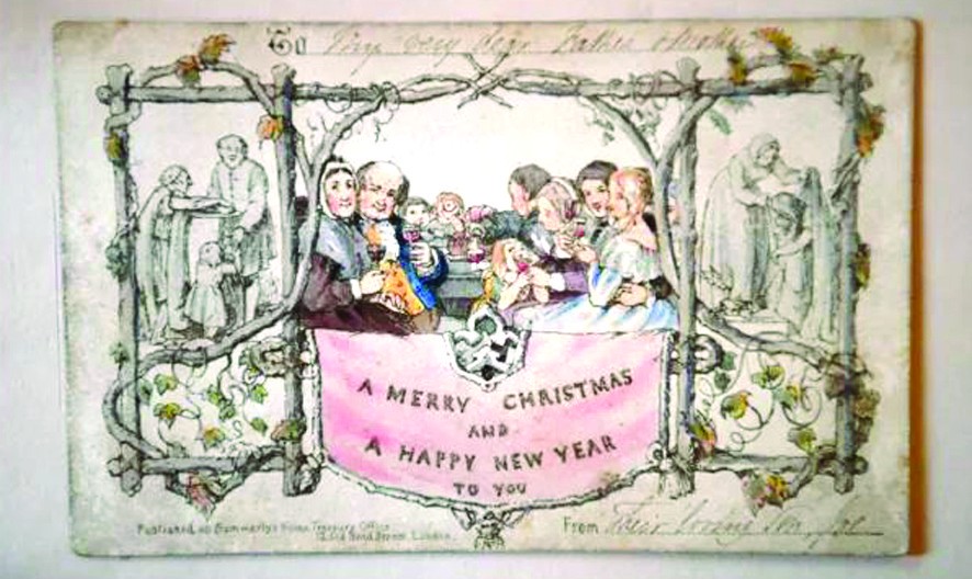 卡片上，一個貴族家庭圍坐在桌旁，三代人一同舉杯向不在場的親友慶祝聖誕。