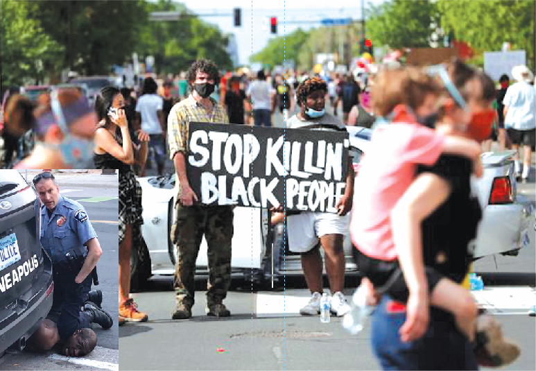 民眾上街抗議警察暴力執法。一名美黑人被警察跪壓致死（小圖）。