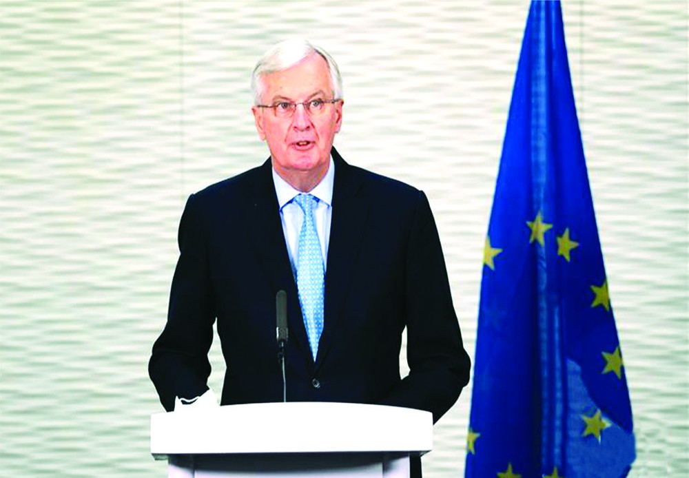 　　歐盟負責與英國談判的首席代表米歇爾·巴尼耶出席新聞發佈會。