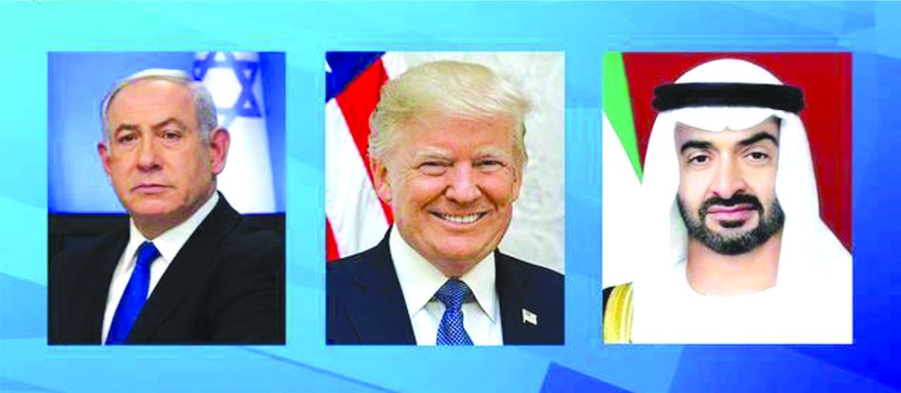 以色列總理內塔尼亞胡與美國總統特朗普和阿聯酋阿布扎比王儲穆罕默德。