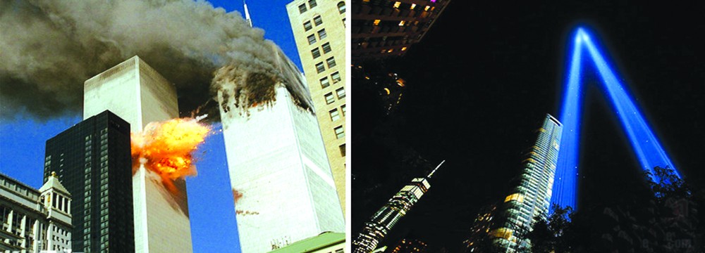19年前兩架飛機撞入世貿大樓雙子塔（左）。如今每逢9月11日，紐約市都會亮起用光束類比雙子塔的“紀念之光”。