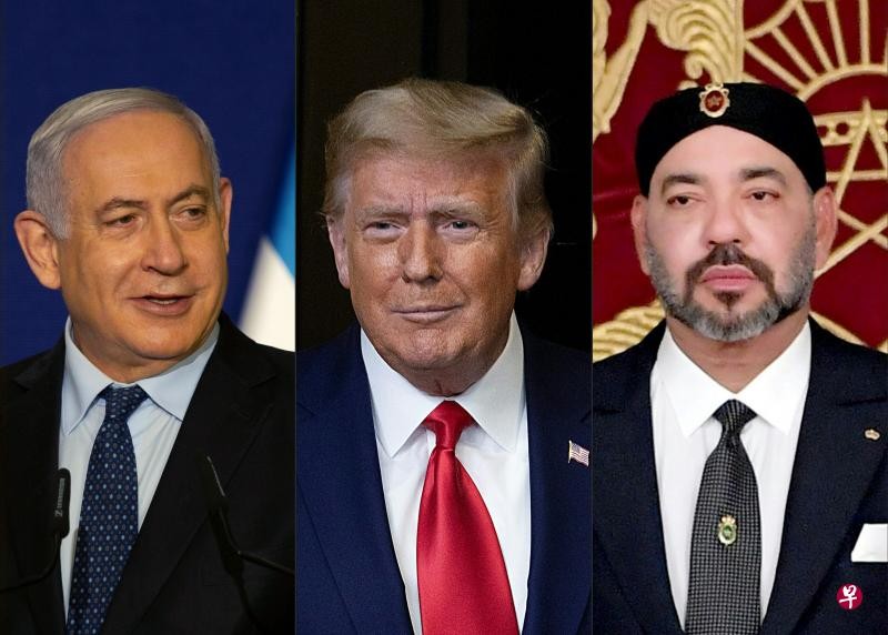 美國政府週四（12月10日）宣布，摩洛哥與以色列已同意建立全面外交關係。圖為以色列總理內坦亞胡（左）、美國總統特朗普及摩洛哥國王穆罕默德六世。 （法新社）