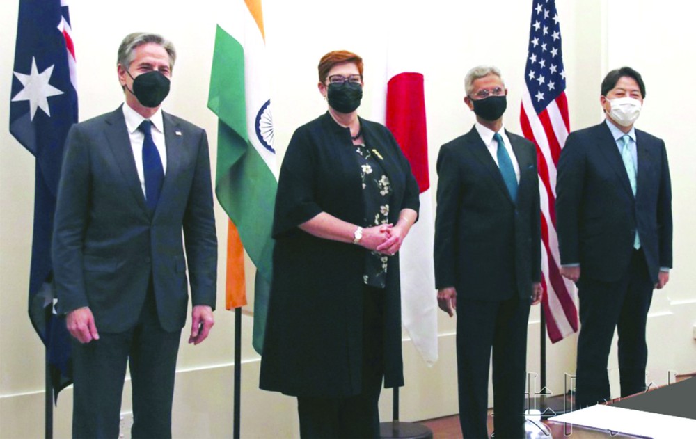 美國務卿布林肯（左起）、澳洲外長、印度外長、日本外相出席會議。