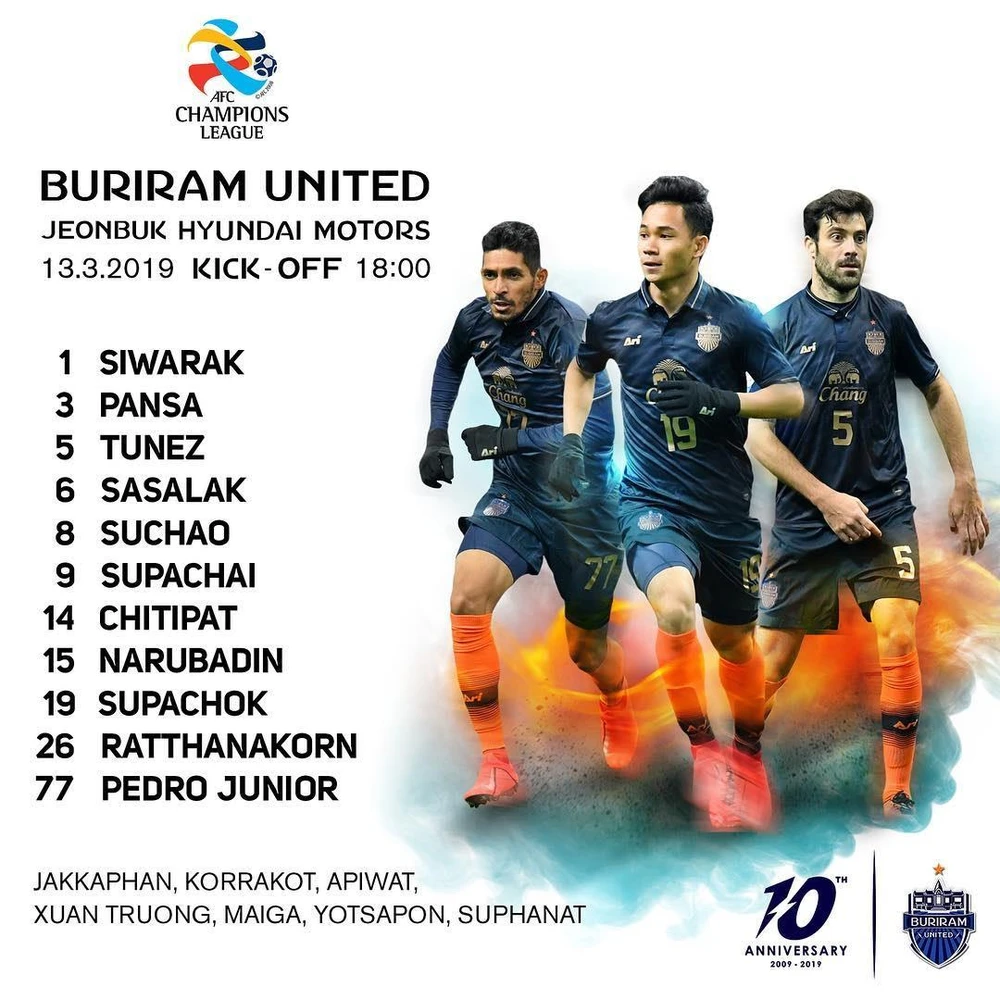 Đội hình chính thức của Buriram (Supachok là cầu thủ ở giữa)