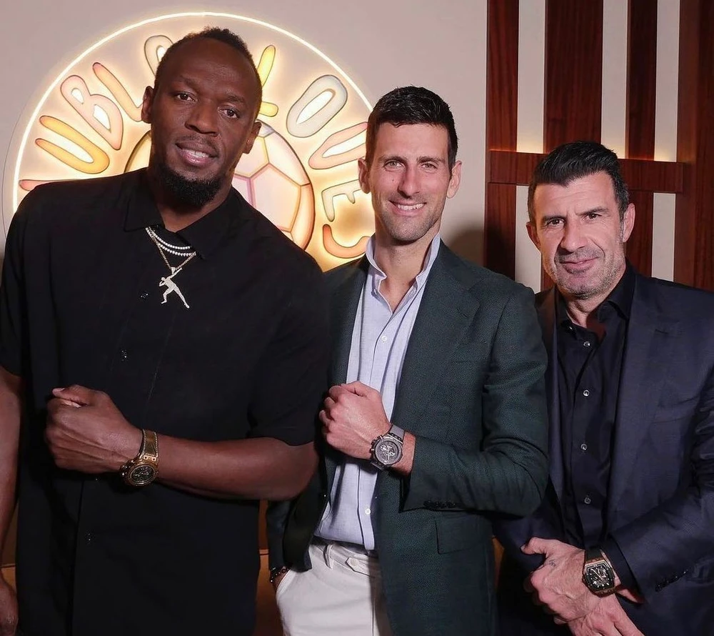 Djokovic cùng 2 cựu sao thể thao - Luis Figo và Usain Bolt trong một sự kiện công chúng gần đây